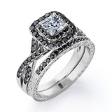 Filigree Twisted Pave 1.75 TCW Princess Cut Moissanite with Lab Created Black Diamond Rounded Square Double Halo Bridal Set in Rose Gold