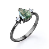 Special Gift - Trilogy 0.6 carat Pear Green Moss Agate and Moissanite Engagement Ring in White Gold