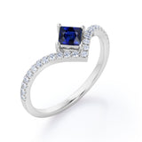 Chevron 1.25 Carat Princess Cut Sapphire And Diamond Four Prong Pave Set Engagement Ring In Rose Gold