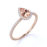 1.50 ct Pear Shaped Morganite with Moissanite Halo Engagement Ring in 18K Rose Gold over Silver