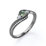 Bypass Three Stone 1.75 Carat Round Cut Milky White Scenic Moss Green Agate and Diamond Channel Set Engagement Ring for Women