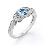 Floral Pattern 1.35 Carat Round Cut Aquamarine And Diamond Beaded Art Deco Engagement Ring In Rose Gold