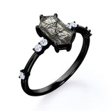 Asymmetric Six Prong 1.10 Carat Hexagon Cut Natural Black Rutilated Quartz And Diamond Seven Stone Engagement Ring In Black Gold