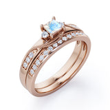 Trilogy Duo Milgrain 0.7 TCW Princess Cut Moonstone and Moissanite Vintage Bridal Ring Set in White Gold