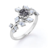 Floral Nature-Inspired 1 Carat Round Cut Solid Dendritic Black Rutilated Quartz and Diamond Unusual Engagement Ring for Women
