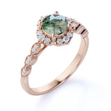 Vintage Floral 1.5 Ct Round Green Moss Agate Engagement Ring