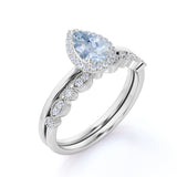 Halo 1.50 ct Pear Cut Aquamarine Vintage Bridal Set