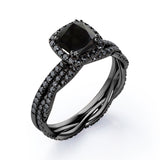 Eternity Crossover - 1.75 TCW Cushion Cut Lab Created Black Diamond - Halo Pave Setting Wedding Set in White Gold