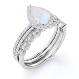 Art Deco Vintage 1.50 Carat Pear Shape Ethiopian Opal and Diamond Halo Trio Bridal Set in Rose Gold