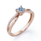 Twisted and Split Pinched Shank 0.65 carat Princess Aquamarine and Moissanites Elegant Engagement Ring in White Gold