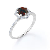 Antique Hexagon Design 1.50 Carat Round Cut Real Dark Red Black Opal and Diamond Halo Engagement Ring in White Gold for Women