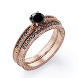 Milgrain-Edged 1.5 TCW Round-Shaped Lab Created Black Diamond Art Deco Victorian Design Wedding Set in White Gold