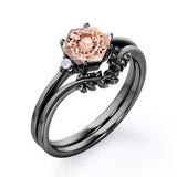 Artistic Petite Leaf 0.55 carat Hexagon Morganite and Moissanite Minimal Bridal Ring Set in Rose Gold