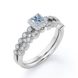 Classic 1.20 Carat Princess Cut Aquamarine And Diamond Vintage Wedding Ring Set In White Gold