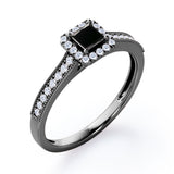 Halo Design 1.25 Carat Princess Cut Black Diamond Milgrain-Bordered Pave-Channel Engagement Ring in White Gold