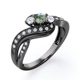 Double Milgrain Curve Infinity 0.7 carat Round Green Moss Agate and Moissanites Engagement Ring in Black Gold