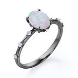 Sharp Four Claws 1.10 Carat Oval Cut Fire Opal And Diamond Seven Stone Engagement Ring In White Gold