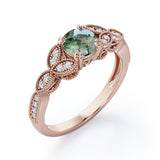 Floral Pattern 1.35 Carat Round Cut Green Moss Agate And Diamond Beaded Art Deco Engagement Ring In White Gold