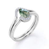 Modern Solitaire 1.75 Carat Teardrop Shape Natural Dendritic Moss Green Agate and Curved Diamond Pave Band Bridal Set Rings