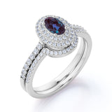 Unique Double Halo 2 Carat Oval Cut Artificial Blue Alexandrite with Diamond Semi Eternity Band Wedding Ring Sets in Rose Gold for Her