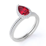 Elegant Pave 2 Carat Pear Shape Lab Ruby and Diamond Halo Wedding Ring Set in White Gold