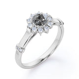 Tapered Shank 1 Carat Round Cut Natural Salt and Pepper Diamond Sunflower Halo Engagement Ring in 10k White Gold