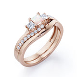 3 Stone Shared Prong - 1 TCW Princess Cut Opal and Moissanite - Pave Curved Shank Wedding Set - White Gold