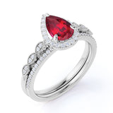 Vintage Art Deco Milgrain 2 Carat Pear Cut Lab Ruby Bridal Set with Diamond Pave Wedding Bands in White Gold