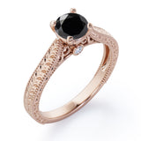 Solitaire 1 Carat Round Cut Black Diamond Four Prong Antique Art Deco Engagement Ring In White Gold