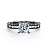 Art Deco Pave Set 0.50 Carat Princess Cut Diamond Vintage Milgrain Engagement Ring In White Gold