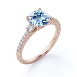 Three Stone 1.50 ct Round Aquamarine Pave Engagement Ring