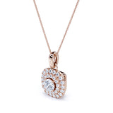 Classic Prong Set 1.50 Carat Round Certified Moissanite and Diamond Double Halo Stud Pendant Necklace in Yellow Gold