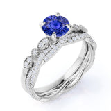 Art Deco 2.25 Carat Round Cut Sapphire and Diamond Bridal Ring Set with Infinity Band in White Gold