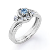 6 Prong Tension Design - 0.55 TCW Round Shaped Aquamarine and Moissanite - Flush Chanel Wedding Ring Set -  Black Gold