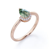 Lovely Half Bezel 1.50 Carat Teardrop Shape Banded Moss Green Agate and Diamond Pave Minimalist Engagement Ring