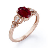 Swirly 0.5 carat Oval Lab Ruby and Diamonds Antique Engagement Ring in Rose Gold