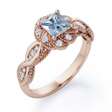 Beaded Halo 1.15 Carat Princess Cut Aquamarine And Diamond Infinity Engagement Ring In White Gold