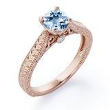 Antique Art Deco 1 Carat Round Cut Aquamarine Four Prong Solitaire Engagement Ring In Rose Gold