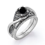 Filigree Tension-Halo 1.5 TCW Round Shape Lab Created Black Diamond Twisted Half Pave Wedding Set in White Gold