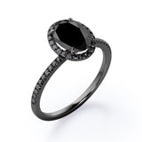 1.5 ct Oval Lab Black Diamond Halo Pave Engagement Ring