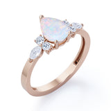 Unique Three Prong 1.35 Carat Tear Drop Precious Fire Opal And Diamond Seven Stone Engagement Ring In Rose Gold