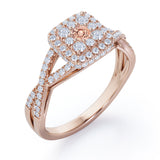 Pave Crossover - 1.25 Carat Round Cut Morganite and diamond - Flush Cluster Halo Engagement Ring in White Gold