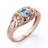 Art Deco Style 1.05 Carat Round Cut Aquamarine And Diamond Square Framed Vintage Filigree Engagement Ring In Rose Gold