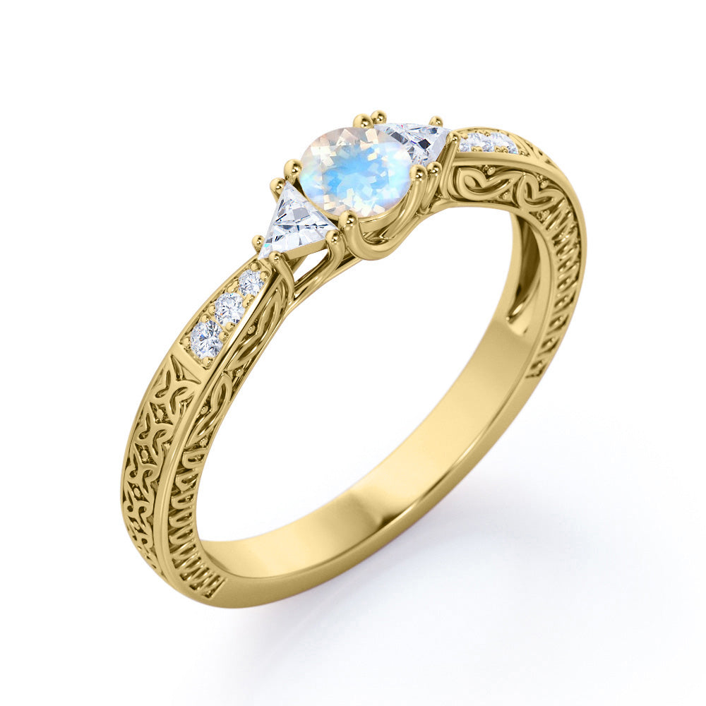 Vintage Filigree Nature-Inspired 0.6 carat Round Moonstone and Moissanite Engagement Ring in Rose Gold