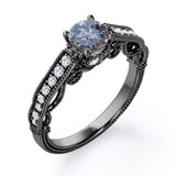 Affordable 0.55 Carat Round Cut Translucent Salt and Pepper Diamond Vintage Milgrain Engagement Ring In White Gold