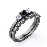 1.30 Carat Round Cut Lab Grown Black Diamond Trilogy Wedding Ring Set In White Gold
