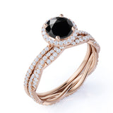 Antique Vintage 2 Carat Lab Black Diamond Halo Wedding Ring Set for Women in White Gold