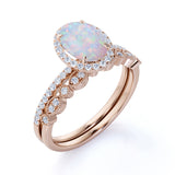 Vintage 1.50 ct Oval Cut Black Opal and Moissanite Wedding Ring Set in 18K Rose Gold over Silver