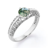 Beaded Art Deco 1 Carat Round Cut Green Moss Agate Solitaire Engagement Ring In White Gold