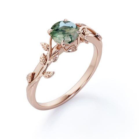 Vintage Leaf Design 1 Carat Round Cut Natural Transparent Dendritic Moss Green Agate Solitaire Engagement Ring in Rose Gold for Women